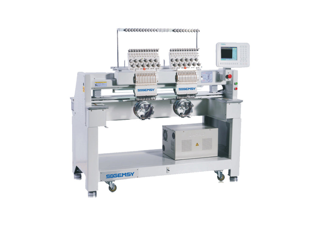 a double head embroidery machine from Gemsy with 12 needles for industrial operation